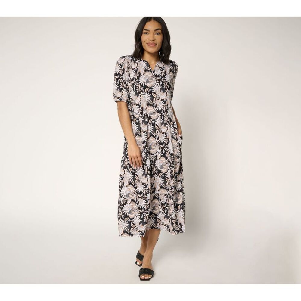 Denim & Co. Women's Petite Dress PXS Linen Blend Puff Multi-colored